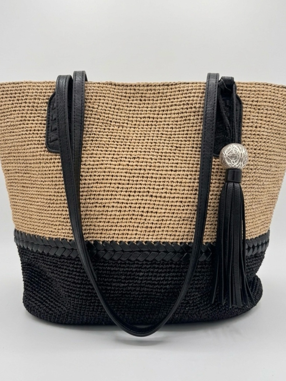 Brighton Woven Two-Tone Tote Bag with Tassel - Black & Tan